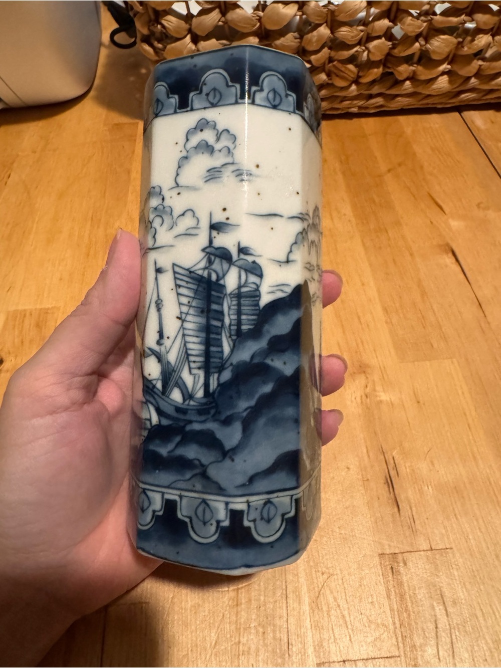 Andrea By Sadek Blue and White Ceramic Sailboat Vase